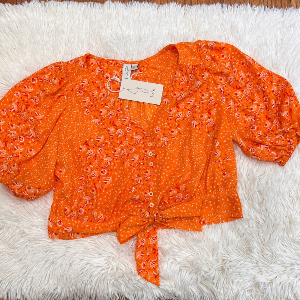 Joie floral print short sleeve tie & button front crop top size L